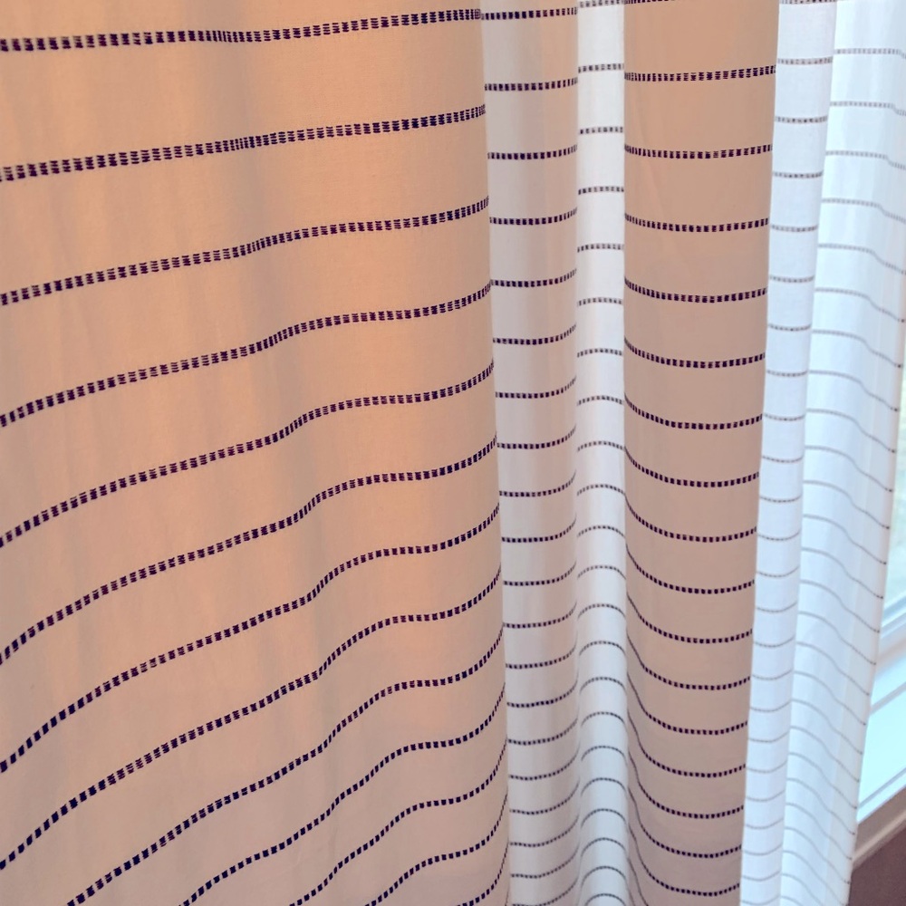 Two Hearth and Hand curtains panels, white with black stripes (96 length)